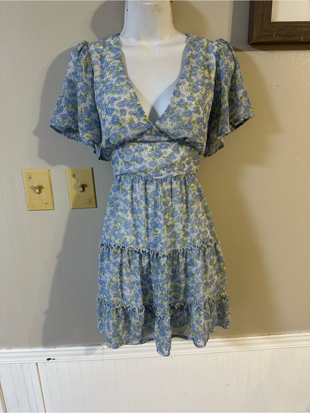 Altar'd State Blue & Green Floral V-Neck Tiered Mini Dress